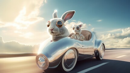 rabbits in a futuristic modern bolide car. Generative AI