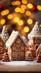 Beautiful gingerbread houses and candles on table in room decorated for Christmas, with bokeh lights, xmas tree. Christmas and New Year concept. created with Generative AI