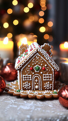 Beautiful gingerbread houses and candles on table in room decorated for Christmas, with bokeh lights, xmas tree. Christmas and New Year concept. created with Generative AI