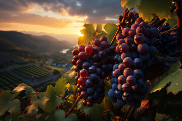 Purple grapes hanging on vines with green leaves on a mountain overlooking a cultivated valley....