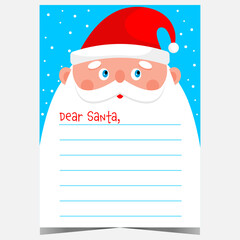 Christmas letter to Santa Claus with cartoon character in the background. Blank template for wishlist, greeting postcard or mail to write a message to Santa during the winter holidays celebration.