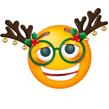 Christmas emoji with deer horns and glasses on white background. Happy New Year. Smiling yellow blushed face. Happy. Cute emoticon