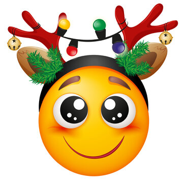 Christmas emoji with garland on white background. Deer ears, deer horns. Happy New Year. Smiling yellow blushed face. Happy. Cute emoticon