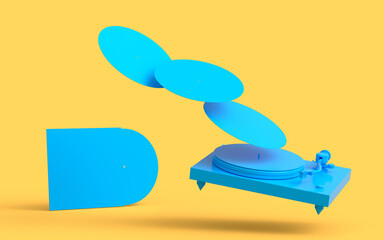 Set of Hi-fi speakers and DJ turntable with vinyl LP record on heap of covers