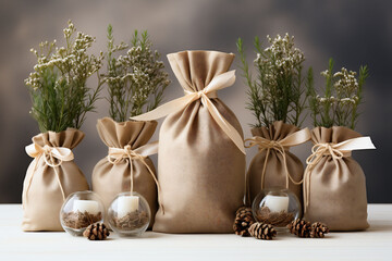 Beige bags one bigger and four smaller filled with herbs tied with ribbons standing vertically on a white surface, candles in bubbles, cones. Minimalistic decors. Gray background.