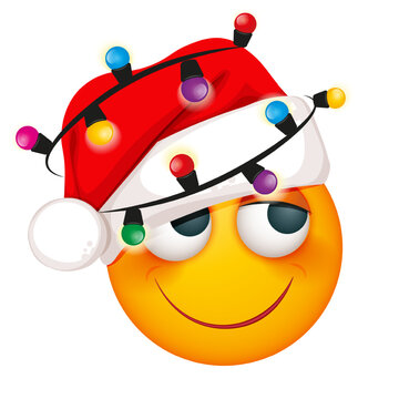 Santa emoji with garland on white background. Christmas hat. Happy New Year. Smiling yellow blushed face. Happy. Cute emoticon