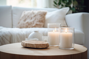 Modern boho interior of living room in cozy apartment. Simple cozy living room interior with white sofa, decorative pillows, wooden table with candles and natural decorations - Powered by Adobe