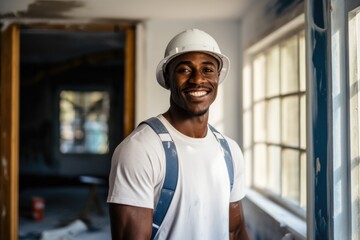 Portrait of a young smiling worker renovating home