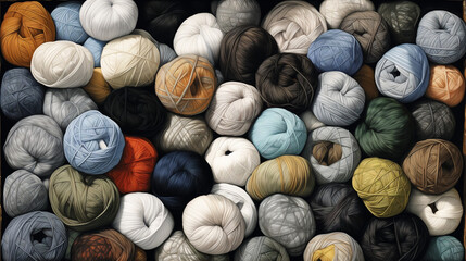 Pile de pelotes de laine de couleurs et matières variées, naturelles et chaleureuses : mohair, angora, cachemire, alpaga - obrazy, fototapety, plakaty
