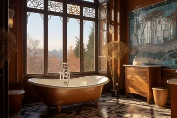 Afwasbaar Fotobehang Glas in lood Salle de bain luxueuse avec vue sur Montmartre à Paris, hôtel ou appartement style art déco