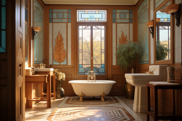 Salle de bain chic de style art déco dans un hôtel de luxe, grande baignoire et mosaïques au mur