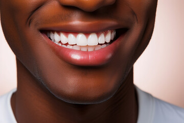Close-up of an African American man's smile with white and healthy teeth.
