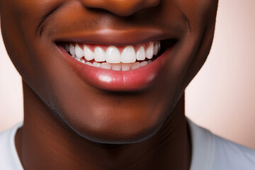 Fototapeta premium Close-up of an African American man's smile with white and healthy teeth.