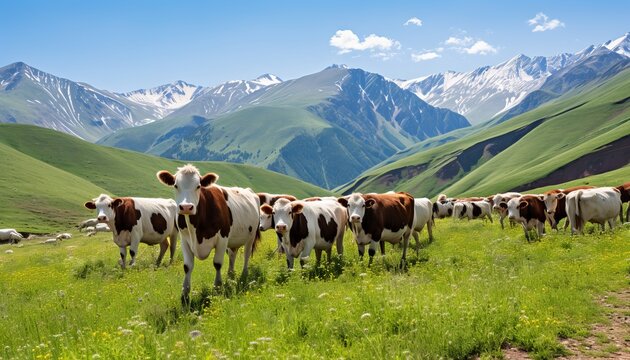 a herd of cows grazing on a beautiful mountain meadow
