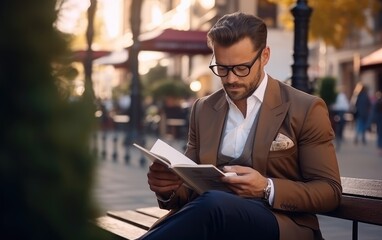 Early morning, a businessman in a suit reading a book at a city street