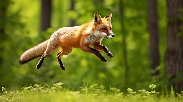 Red Fox jump hunting, Vulpes vulpes, wildlife scene from Europe Orange fur coat animal generative ai