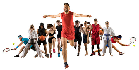 Sport collage. Fitness, Tennis, taekwon-do, karate, MMA, basketball. Sports banner - 685893526