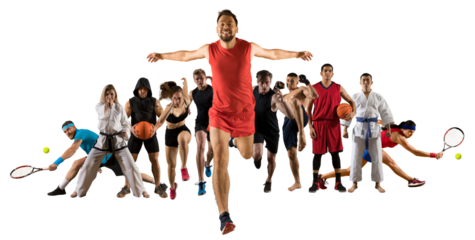Sport collage. Fitness, Tennis, taekwon-do, karate, MMA, basketball. Sports banner