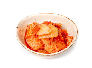 Kimchi Isolated, Kimchee in White Bowl, Red Spicy Kim Chi, Hot Fermented Napa Cabbage, Traditional Jimchi