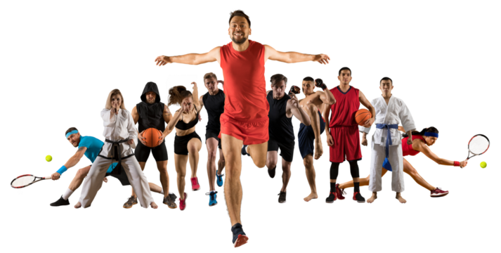 Sport collage. Fitness, Tennis, taekwon-do, karate, MMA, basketball. Sports banner