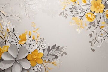Floral elements on a basic grey paper texture background. Background for party, birthday, wedding or graduation invitation card in grey color with floral elements in soft art style.