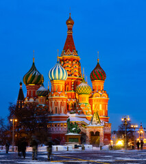 St. Basil's Cathedral on Red Square in Moscow at night in winter time, Russia