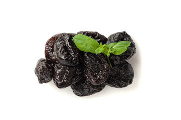 Dry Plums Isolated, Dried Black Fruits, Prune Group, Dry Plum Fruit on White Background