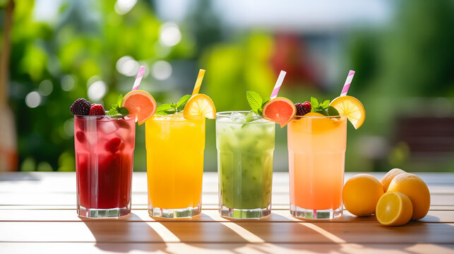 Des boissons fra&icirc;ches et color&eacute;es avec des fruits et des pailles sur une table en bois &agrave; l'ext&eacute;rieur.