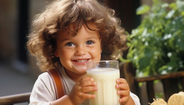 A charming child smiling holds a glass of milk in his hands