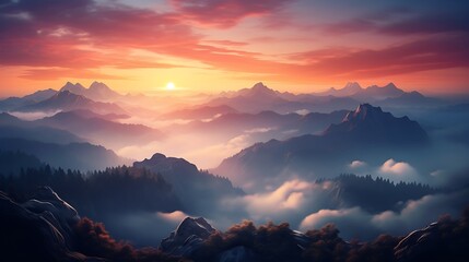 Sunrise over a misty mountain range - obrazy, fototapety, plakaty