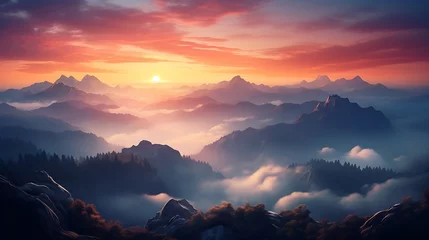 Foto op Plexiglas Sunrise over a misty mountain range © MuhammadInaam