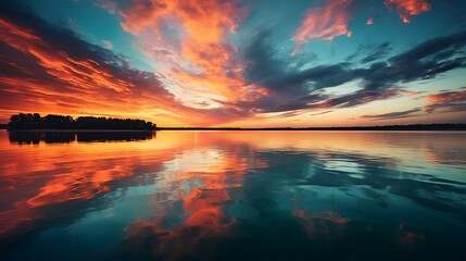 Sunset reflected in a body of water - obrazy, fototapety, plakaty