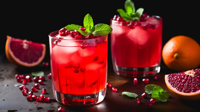 Deux verres de boisson &agrave; la grenade et &agrave; l'orange sanguine avec des feuilles de menthe.