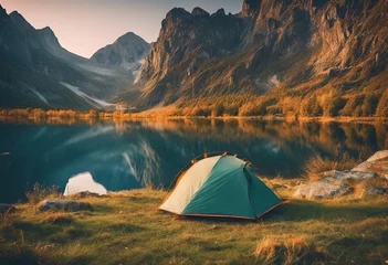 Tuinposter Camping in a beautiful natural landscape on a sunny evening © viktorbond