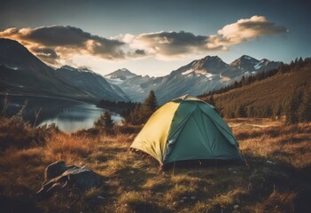 Camping in a beautiful natural landscape on a sunny evening