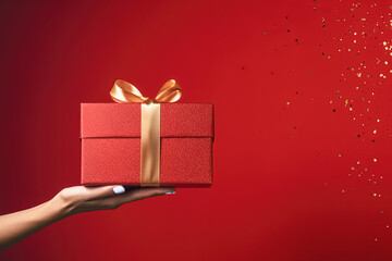 fondo abstracto festivo con una mano de mujer joven sosteniendo una caja de regalo roja con lazo dorado sobre fondo rojo y brillantina dorada