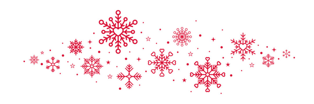 Christmas border with red snowflakes, hearts and stars isolated on transparent background. Vector graphics design for New year or Valentine's day decorations   