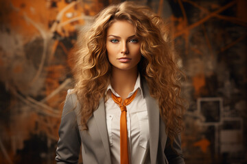 portrait of a beautiful woman in business clothes and an orange tie