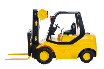 Fork lift, plastic toy transport machine with lifting load for children, isolated on white...