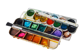 palette with watercolor paints close-up, macro, colorful background of the artist's palette, drawing, study