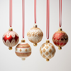 Red, white and gold Christmas ornaments, hanging from red ribbon