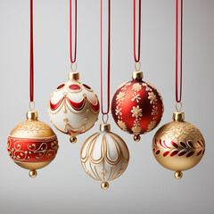 Red, white and gold Christmas ornaments, hanging from red ribbon
