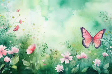 Obraz na płótnie Canvas Summer background with butterflies and flowers. Space for text.