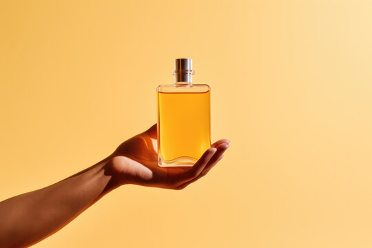 Hand holding perfume bottle on yellow background. Space for text.