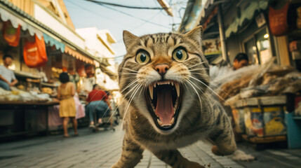 Crazy wild cat running on market street with open mouse and eyes