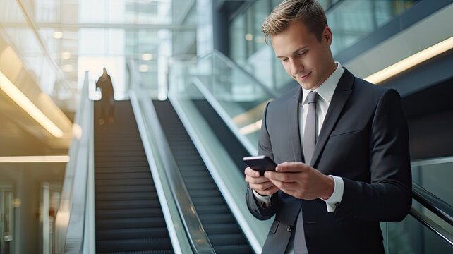 smiling young businesswoman, confidently standing on an urban escalator while wearing a suit, multitasking as she reads the latest news on her smartphone with a depiction of fast connection.