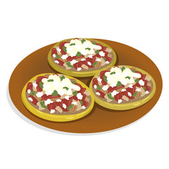 Ilustración de sopes con salsa, queso y crema. Comida o antojitos de México. Transparencia