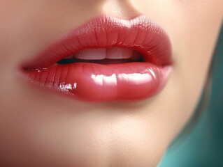 A close up of a woman's glossy lips with bright red lipstick