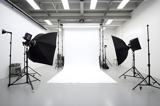Indoor photography studio with photography equipment. Generative AI