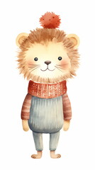 A watercolor drawing of a lion character wearing a sweater on a white background